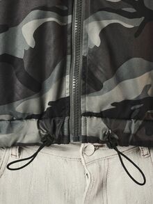 SUMWON Camouflage Print Full Zip Windbreaker Jacket With Striped Sleeves Drawstring Hem And Logo Detail - Army Green - View 7