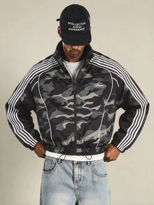 SUMWON Camouflage Print Full Zip Windbreaker Jacket With Striped Sleeves Drawstring Hem And Logo Detail - Army Green - View 5