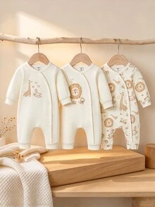 SHEIN 3件組新生兒男嬰女嬰秋冬套裝，頂級柔軟側開式無腳連身衣，卡通動物連身衣套裝，適合日常穿著 - 黃色 - 查看 1