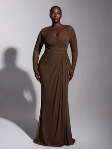 Elitara Plus Size Elegant Romantic Brown Lace Fabric Sweetheart Neckline Sheer Long Sleeve Fitted Computer Beaded Pleated Oversized Skirt Suitable For All Formal Occasions Heavy Work Evening Gown - Brown - View 3