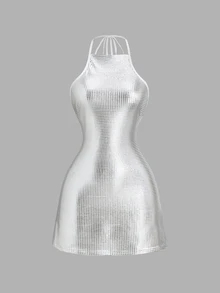 Sweetra Women's Halter Neck Mini Dress With Gold And Silver Foil Pattern, Elegant Vacation Style - White - View 1