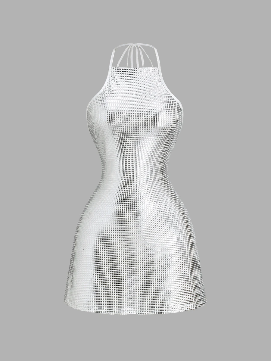 Sweetra Women's Halter Neck Mini Dress With Gold And Silver Foil Pattern, Elegant Vacation Style - White - View 1