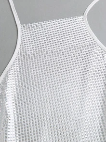 Sweetra Women's Halter Neck Mini Dress With Gold And Silver Foil Pattern, Elegant Vacation Style - White - View 4