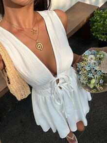 SHEIN EZwear 夏季海灘度假洋裝 深V領 收腰 無袖 白色女款迷你洋裝 休閒性感熱帶風洋裝 - 白色 - 查看 7