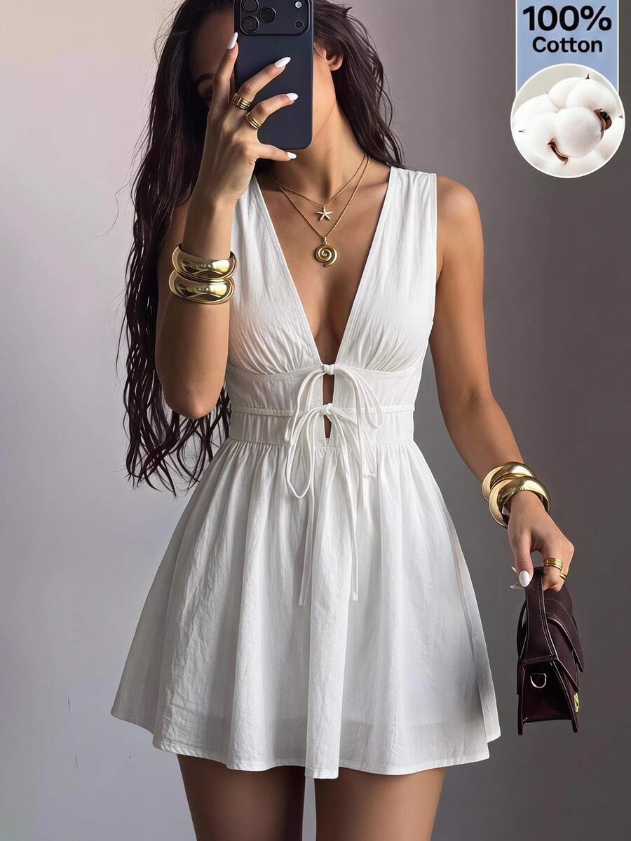 SHEIN EZwear 夏季海灘度假洋裝 深V領 收腰 無袖 白色女款迷你洋裝 休閒性感熱帶風洋裝 - 白色 - 查看 1