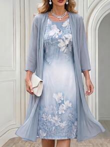 Medorina Women's Elegant Dusty Blue Floral Print Dress And Half Sleeve Open Front Robe 2-Piece Set,Summer Vacation Outfit,Dining & Festival Set - Baby Blue - View 1