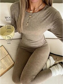 SHEIN EZwear 秋季/保暖內裡圓領長袖T恤與緊身褲休閒兩件套居家服 卡其色 - 杏色 - 查看 7