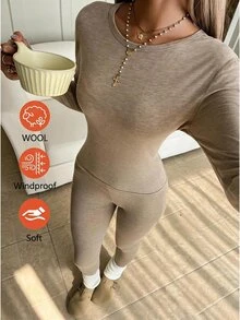 SHEIN EZwear 秋季/保暖內裡圓領長袖T恤與緊身褲休閒兩件套居家服 卡其色 - 杏色 - 查看 1