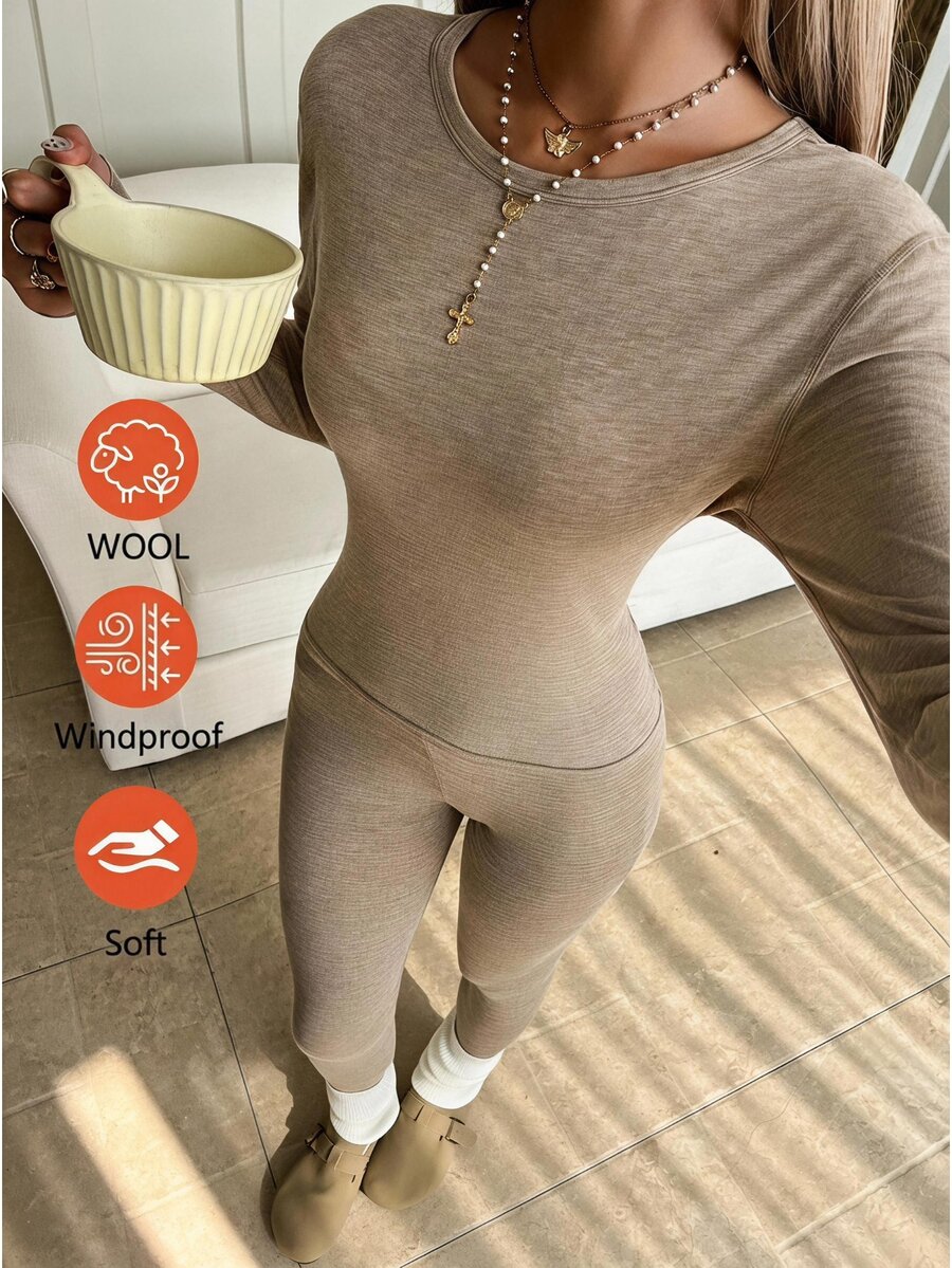 SHEIN EZwear 秋季/保暖內裡圓領長袖T恤與緊身褲休閒兩件套居家服 卡其色 - 杏色 - 查看 1