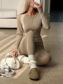 SHEIN EZwear 秋季/保暖內裡圓領長袖T恤與緊身褲休閒兩件套居家服 卡其色 - 杏色 - 查看 3