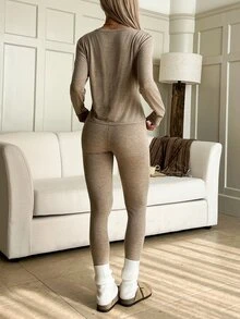 SHEIN EZwear 秋季/保暖內裡圓領長袖T恤與緊身褲休閒兩件套居家服 卡其色 - 杏色 - 查看 2