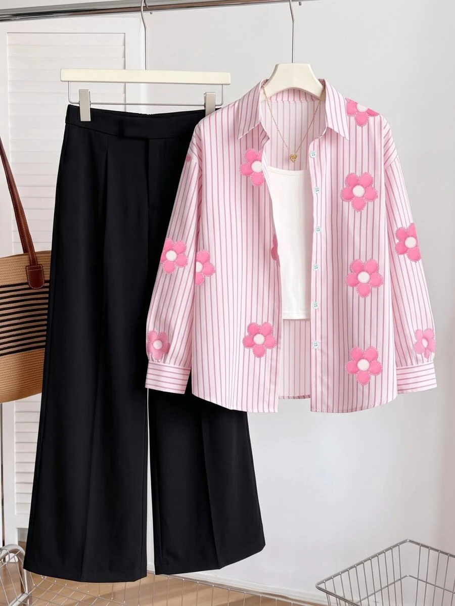 SHEIN Teen Girls Fall Outfits Tops 3pcs/Set Formal Holiday Party Birthday Cute White Black Shirt Camisole Solid Pink