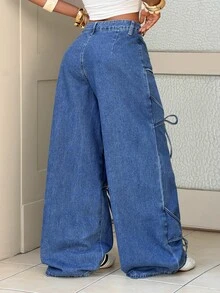 SHEIN Tall Women's Casual Washed Tie-Waist Wide Leg Jeans - Blue - View 2
