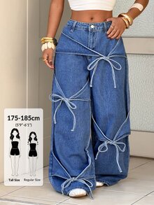 SHEIN Tall Women's Casual Washed Tie-Waist Wide Leg Jeans - Blue - View 1