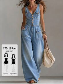 SHEIN Tall Women's Button Design Utility Pocket Casual Denim Jumpsuit - Blue - View 1