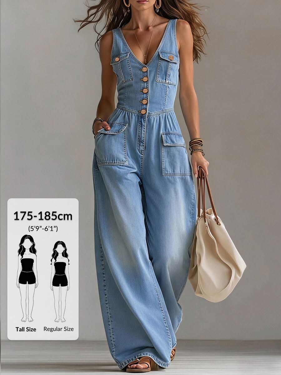 SHEIN Tall Women's Button Design Utility Pocket Casual Denim Jumpsuit - Blue - View 1