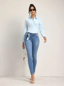 SHEIN Tall Women's Sexy Street Style Button Pocket Slim Fit Cropped Denim Jeans - Blue - View 8