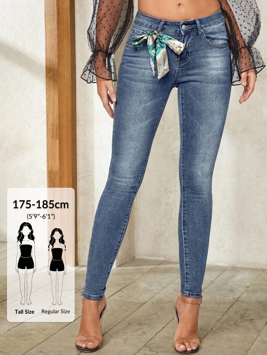 SHEIN Tall Women's Sexy Street Style Button Pocket Slim Fit Cropped Denim Jeans - Blue - View 1
