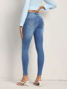 SHEIN Tall Women's Sexy Street Style Button Pocket Slim Fit Cropped Denim Jeans - Blue - View 2