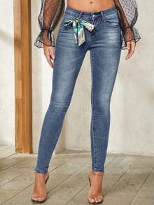 SHEIN Tall Women's Sexy Street Style Button Pocket Slim Fit Cropped Denim Jeans - Blue - View 9