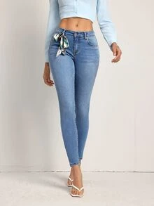 SHEIN Tall Women's Sexy Street Style Button Pocket Slim Fit Cropped Denim Jeans - Blue - View 5