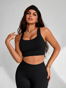 Slayform Seamless Square Neck Sleeveless Solid Color Sports Bra - Black - View 5