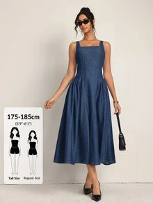 SHEIN Tall Women's Waist-Cinched Square Neck Sleeveless Casual Denim Dress Everyday Date Fall - Blue - View 1