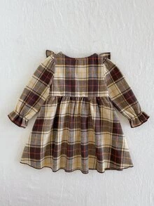 SHEIN 女嬰單件洋裝 春/秋季優雅休閒洋裝 幼兒時尚日常穿著 - 棕色 - 查看 2