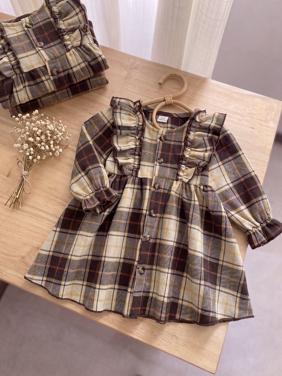 SHEIN 女嬰單件洋裝 春/秋季優雅休閒洋裝 幼兒時尚日常穿著 - 棕色 - 查看 1