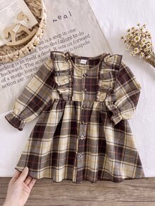 SHEIN 女嬰單件洋裝 春/秋季優雅休閒洋裝 幼兒時尚日常穿著 - 棕色 - 查看 4
