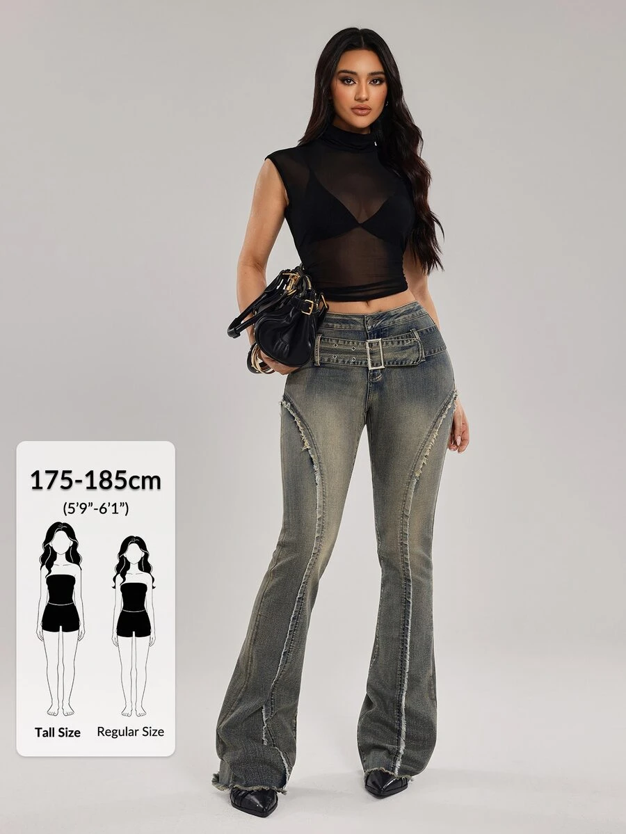 SHEIN Tall Casual Y2k 2000s Washed Slim Fit Flare Leg Jeans With Belt ...