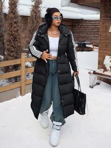 SHEIN CURVE+ Plus Size Black Hooded Long Drawstring Down Jacket, Autumn/Winter Back To School College Style Suitable For Daily Casual Versatile Long Padded Coat - Black - View 5