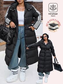 SHEIN CURVE+ Plus Size Black Hooded Long Drawstring Down Jacket, Autumn/Winter Back To School College Style Suitable For Daily Casual Versatile Long Padded Coat - Black - View 1