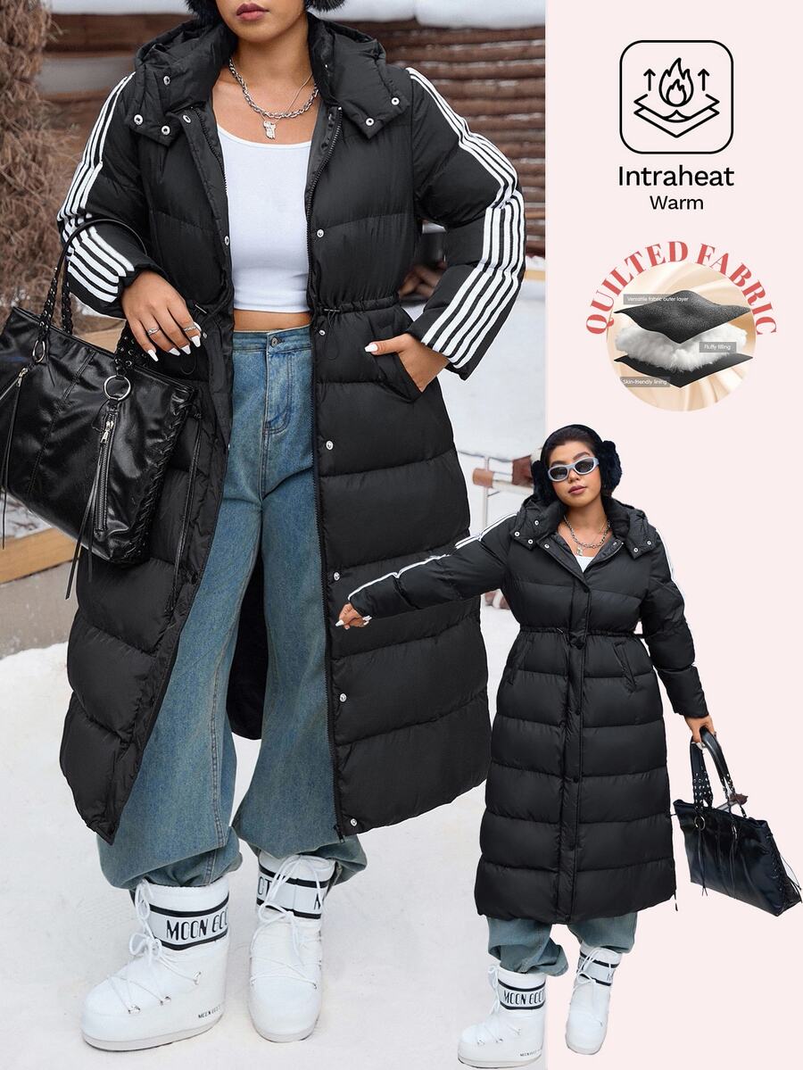 SHEIN CURVE+ Plus Size Black Hooded Long Drawstring Down Jacket, Autumn/Winter Back To School College Style Suitable For Daily Casual Versatile Long Padded Coat - Black - View 1