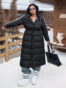 SHEIN CURVE+ Plus Size Black Hooded Long Drawstring Down Jacket, Autumn/Winter Back To School College Style Suitable For Daily Casual Versatile Long Padded Coat - Black - View 6