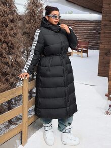 SHEIN CURVE+ Plus Size Black Hooded Long Drawstring Down Jacket, Autumn/Winter Back To School College Style Suitable For Daily Casual Versatile Long Padded Coat - Black - View 3