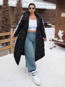 SHEIN CURVE+ Plus Size Black Hooded Long Drawstring Down Jacket, Autumn/Winter Back To School College Style Suitable For Daily Casual Versatile Long Padded Coat - Black - View 4