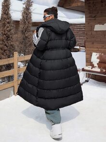 SHEIN CURVE+ Plus Size Black Hooded Long Drawstring Down Jacket, Autumn/Winter Back To School College Style Suitable For Daily Casual Versatile Long Padded Coat - Black - View 2