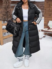 SHEIN CURVE+ Plus Size Black Hooded Long Drawstring Down Jacket, Autumn/Winter Back To School College Style Suitable For Daily Casual Versatile Long Padded Coat - Black - View 7