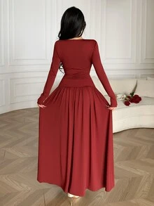 Feyla New V-Neck Lace Patchwork Long Sleeve High-Quality Waist Cinching Maxi Dress - Burgundy - View 7