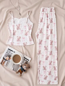 SHEIN Tween Girl Tween Girls Kids Simple Cute Bear Print & Long Pants Set, Comfortable Casual Loungewear 2 Pieces Outfit - Multicolor - View 2
