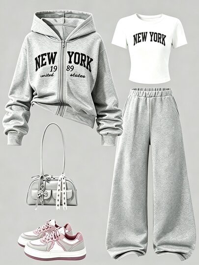 SHEIN 3pcs/Set Teen Girls Casual Versatile Fleece-Lined Zip-Up Jacket & City Print Short Sleeve Top & Fleece-Lined Flared Pants Set, Long Sleeve, Hoodie