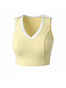CourtClass CourtClass Women's Athleisure Yellow Sleeveless Cropped Polo-Collar Athleisure Top(Only Top ) - Multicolor - View 3