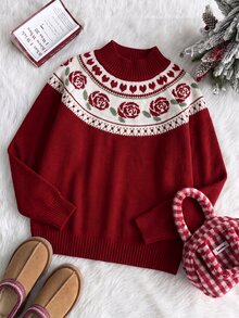 Elamini Women's Red Sweet Elegant Rose Jacquard Daily Commute Christmas Outfit Autumn/Winter Pullover Sweater - Red - View 3