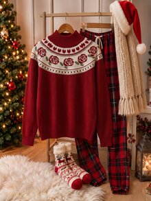 Elamini Women's Red Sweet Elegant Rose Jacquard Daily Commute Christmas Outfit Autumn/Winter Pullover Sweater - Red - View 4