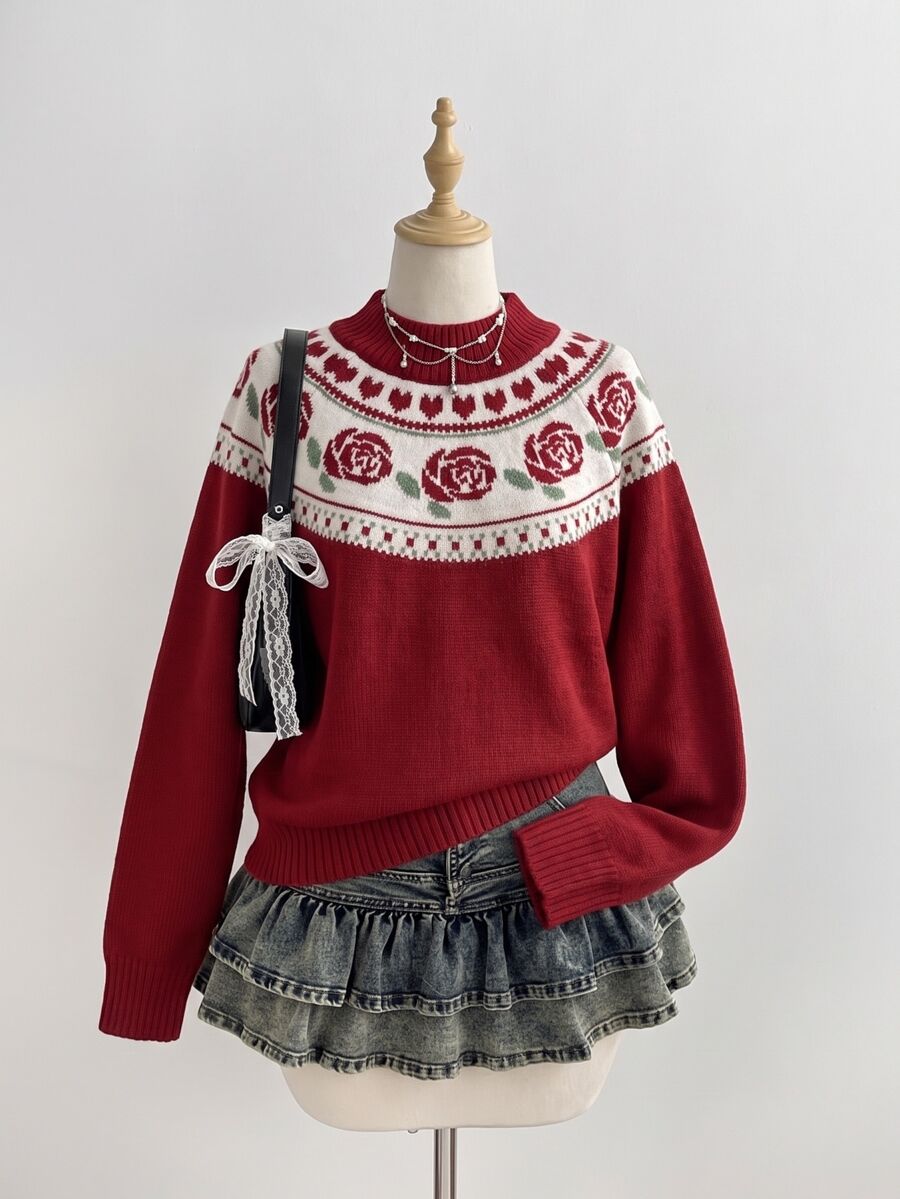 Elamini Women's Red Sweet Elegant Rose Jacquard Daily Commute Christmas Outfit Autumn/Winter Pullover Sweater - Red - View 1