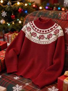 Elamini Women's Red Sweet Elegant Rose Jacquard Daily Commute Christmas Outfit Autumn/Winter Pullover Sweater - Red - View 5