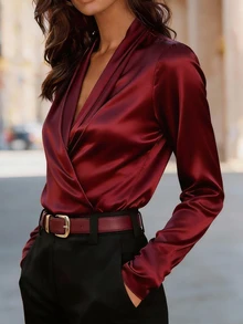 SHEIN Women Elegant Burgundy Satin Shiny Blouse,Crossover Collar Shoulder Ruched Top  Office,Fall Winter,Commuting,Meetings,Business,Galas&Christmas - Burgundy - View 8