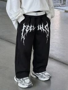 SHEIN Kids Young Boy Fashion High Street Loose Wide Leg Long Pants, Double Waist Design, Comfortable Fabric, Versatile Color, Suitable For School And Daily Outfits, Suitable For Autumn/Winter Seasons, Fall Outfits, Fall Pants - Black - View 3