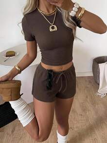 SHEIN EZwear 夏季新款音樂節深棕色針織女款休閒性感居家服套裝，適合旅行度假 - 咖啡棕 - 查看 2